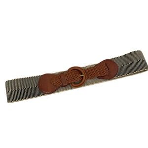 LInea Pelle Elastic Leather Belt Womens Large Beige Brown D Ring Woven Wide